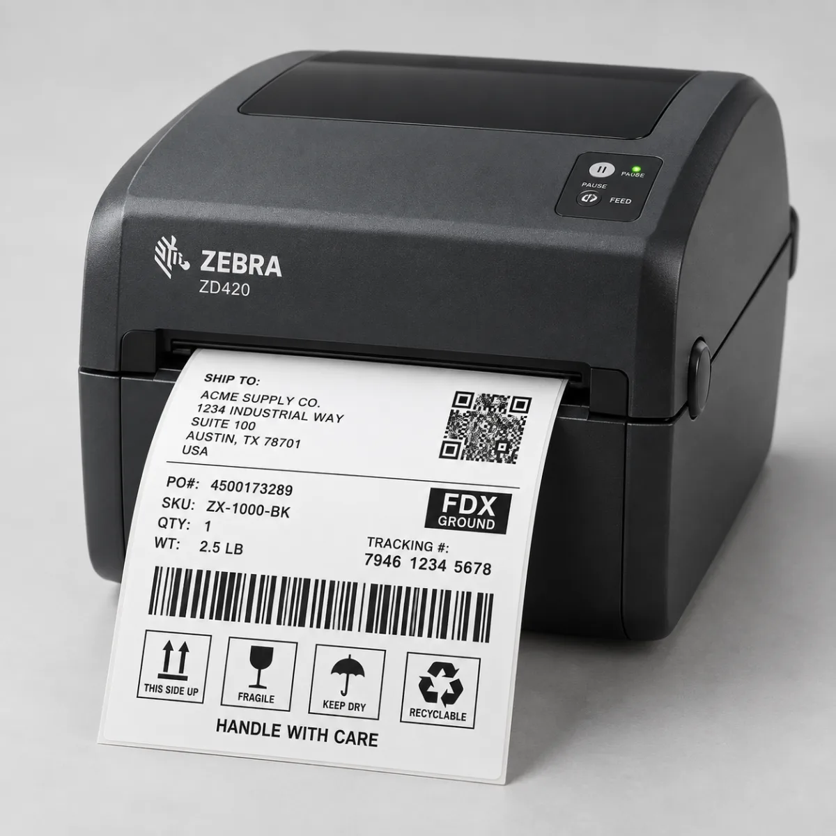 Desktop thermal printer printing a shipping label with a barcode