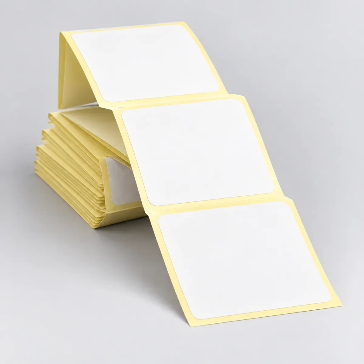 Blank adhesive labels folded in a fanfold stack