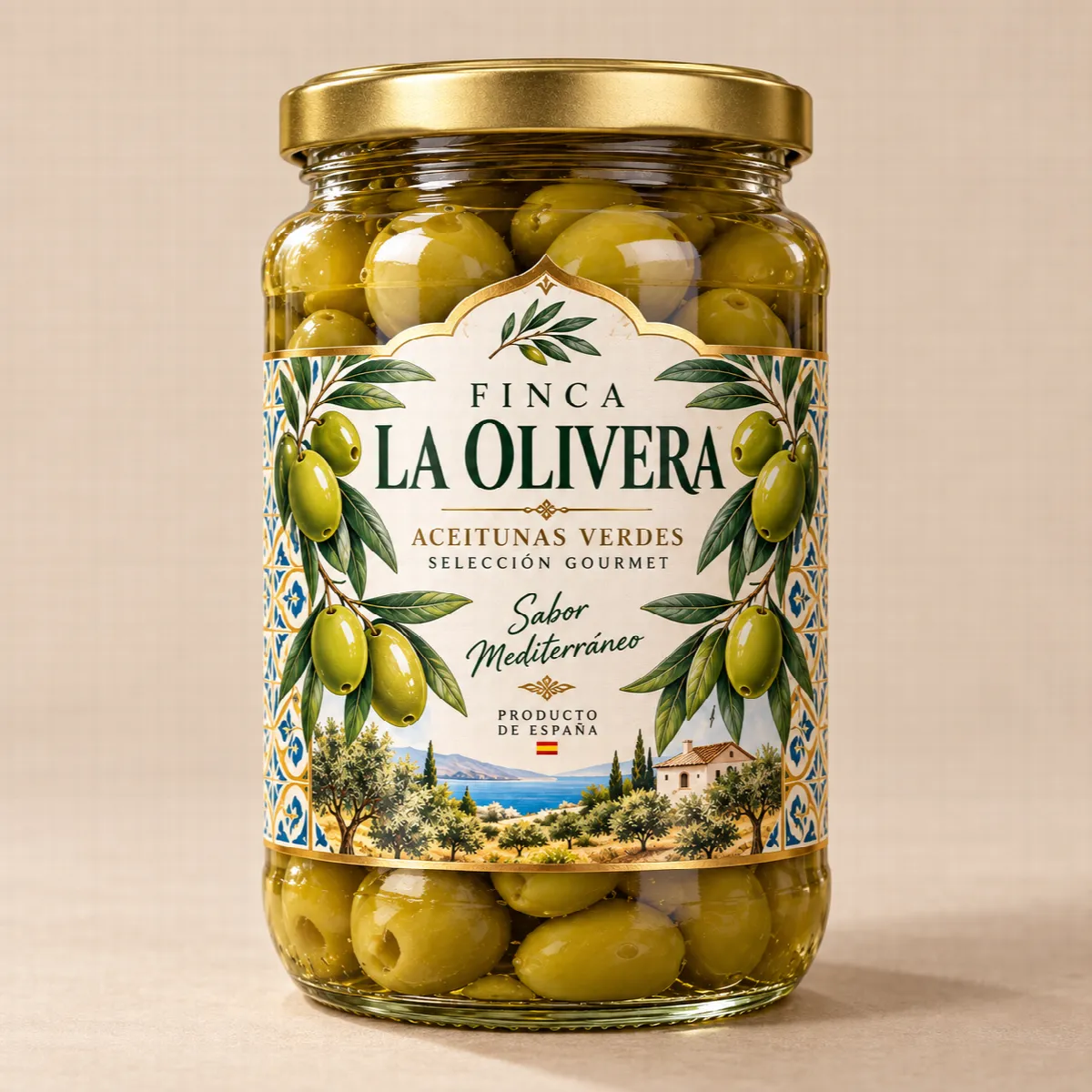 Jar of olives with a die-cut label and gold details