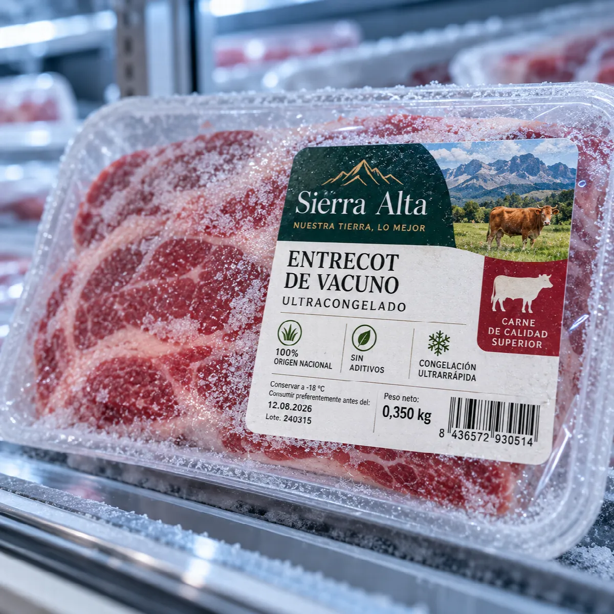 Tray of deep-frozen meat with a frosted adhesive label
