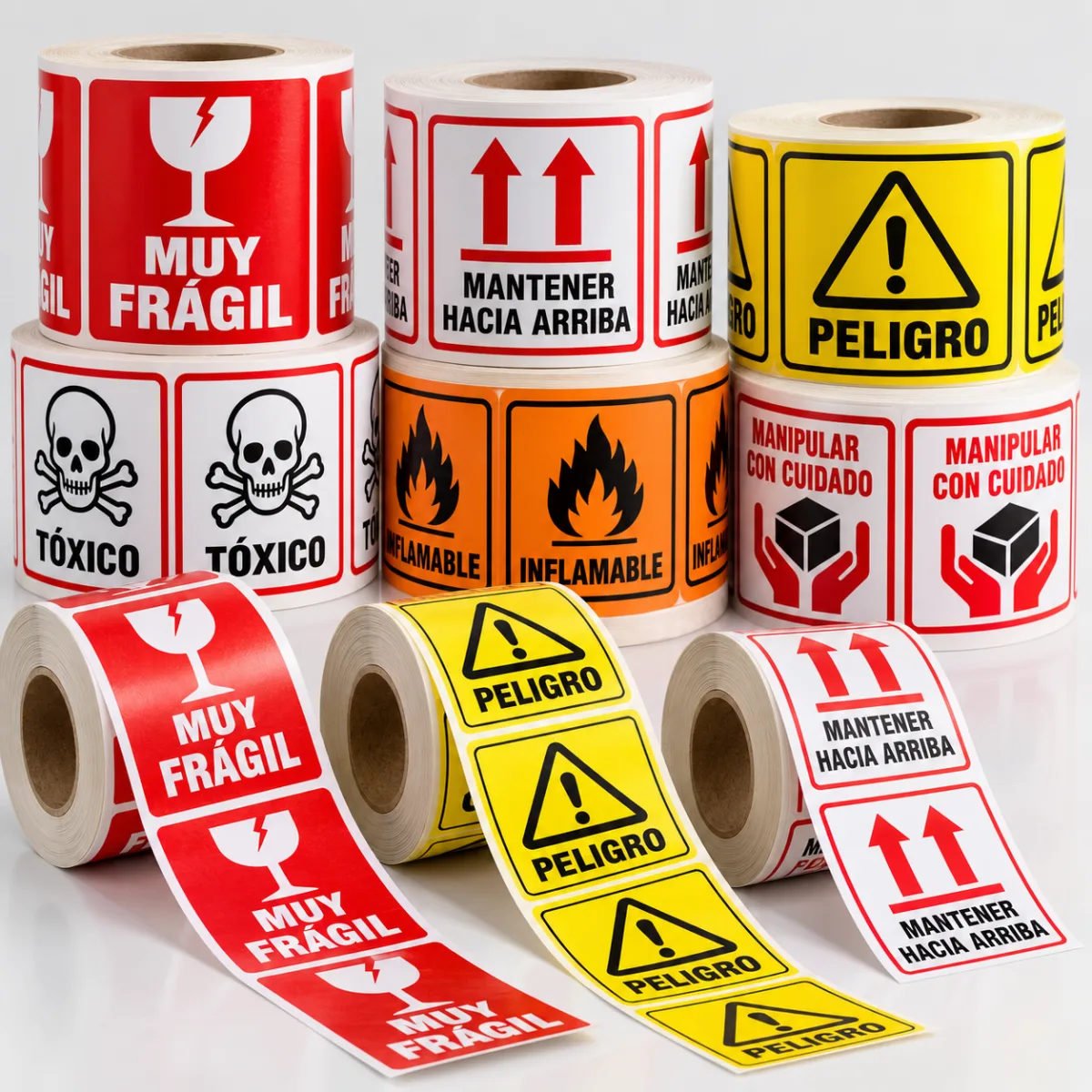Rolls of “Fragile”, “Danger”, “Toxic” and “This way up” labels