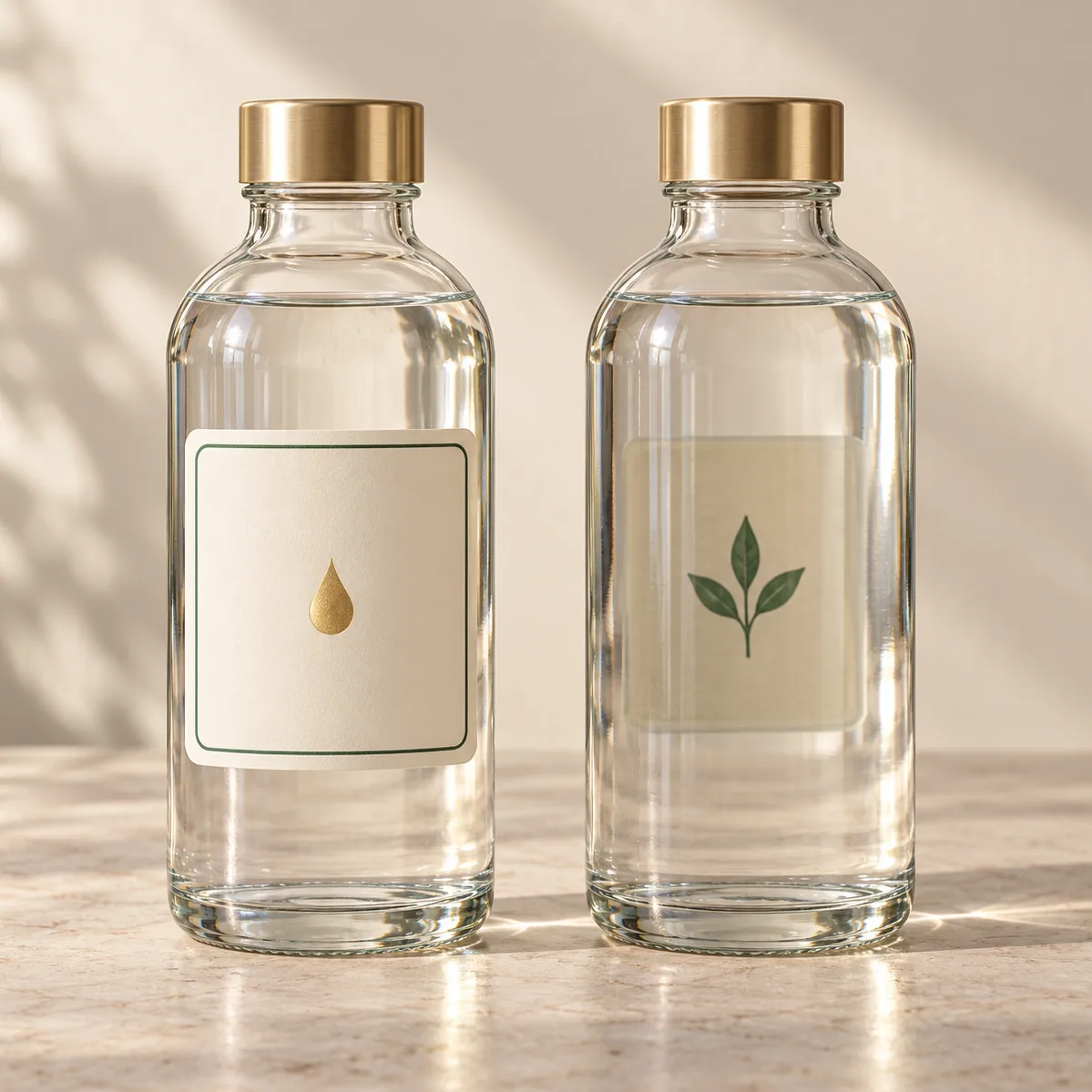 Dos botellas de vidrio transparente: una muestra el frontal de la etiqueta y la otra deja ver, a través del vidrio, una hoja impresa por el interior