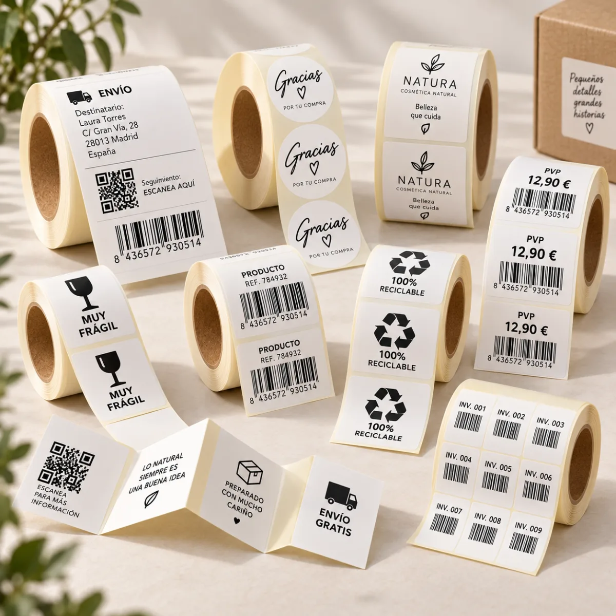 Rolls of shipping, price, barcode, inventory and thank-you labels