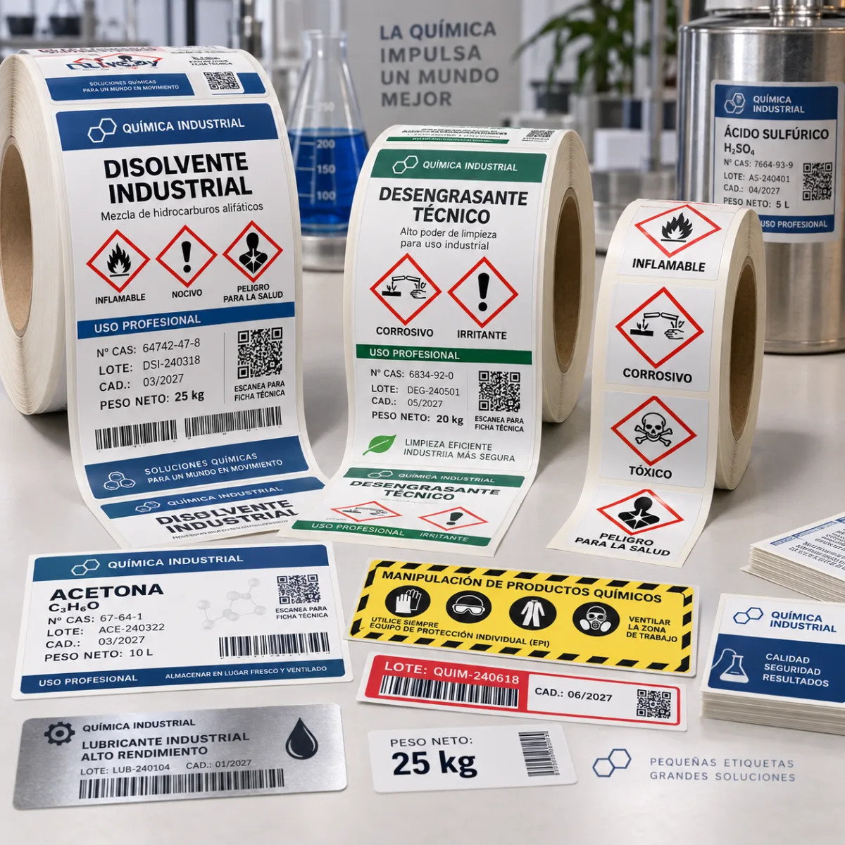 Rolls of chemical product labels with hazard pictograms, batch and QR code