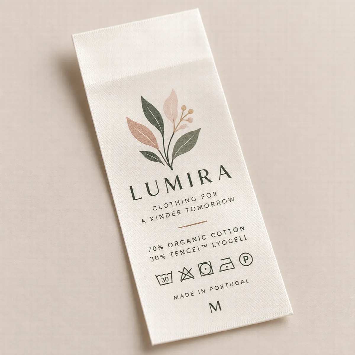 Cut printed textile label with composition, care symbols and size