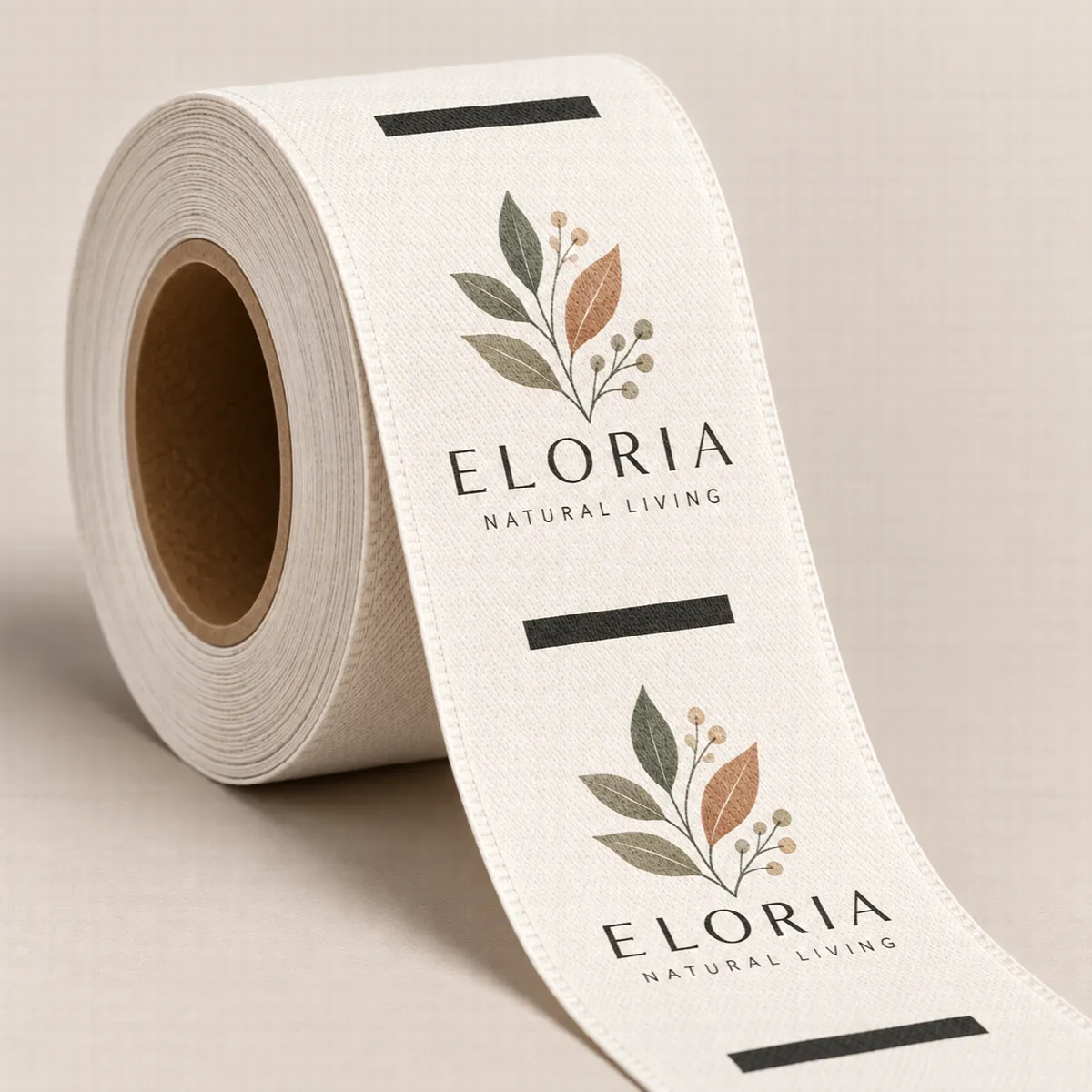 Roll of printed textile tape with a repeated logo