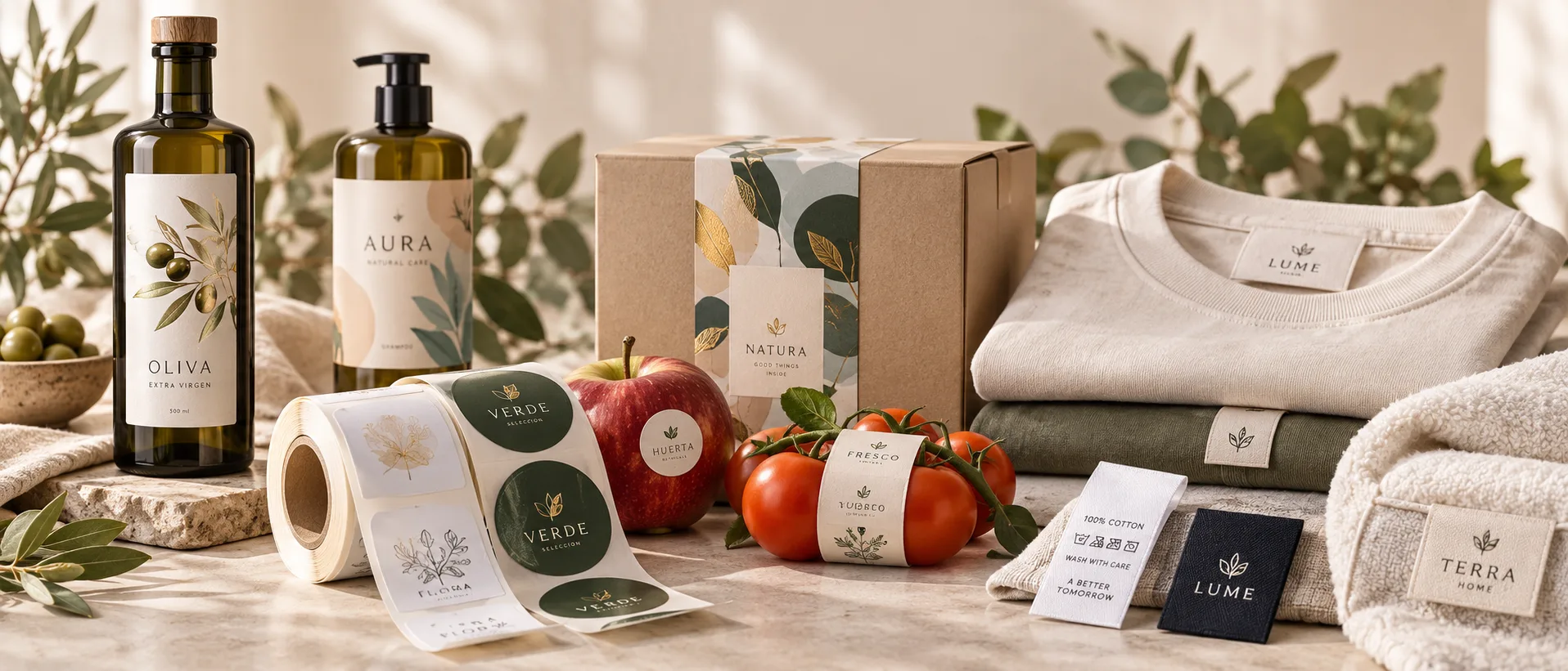 Grafidel-Etiketten auf Ölflaschen, Kosmetik, Kartons, Obst und Kleidungsstücken