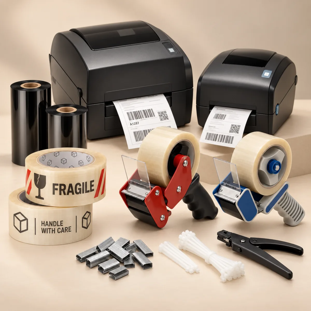 Thermal printers, ribbon, packing tape, dispensers and tagging barbs