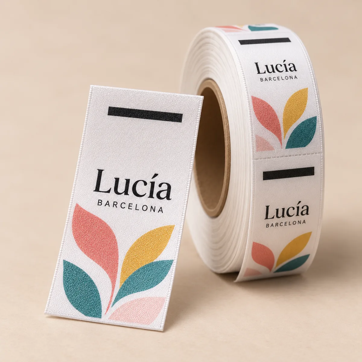 Printed textile label carrying a clothing brand logo