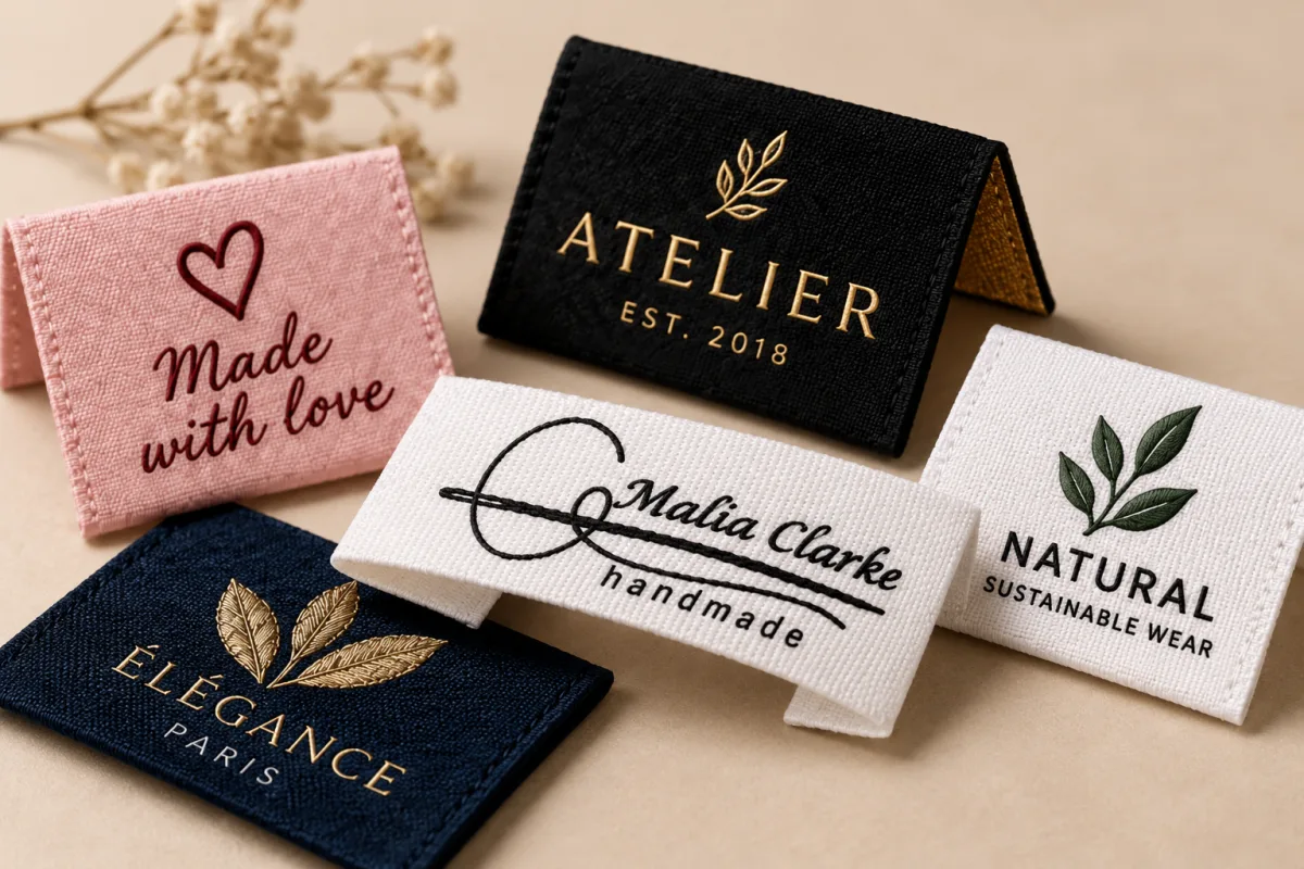 Woven and folded textile labels in several colours